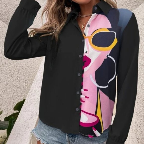 Black Figure Printed Button Down Front Blouse - Picture 3 of 5